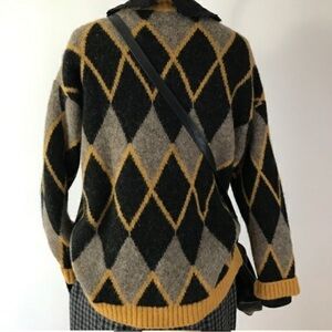 KNIT sweater alpaca wool blend argyle fair isle style boxy black yellow medium